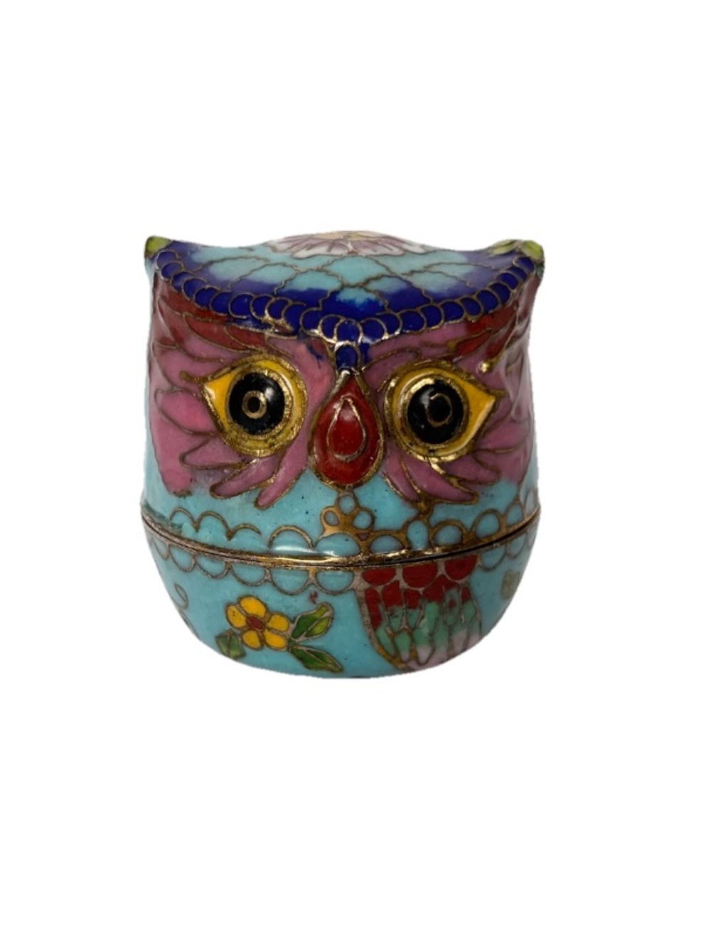 Vintage Colorful Owl Cloisonné Trinket Box "Petit cadeau" Kitschy Whimsical